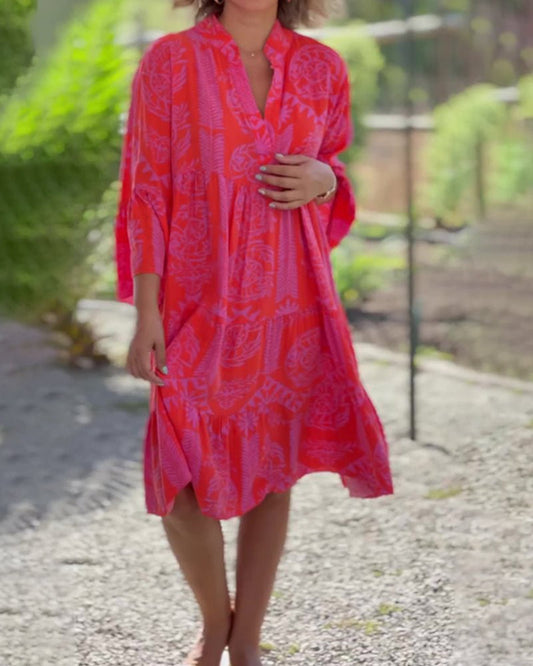 Kleid mit 3/4-Ärmeln und geometrischem Boho-Print 1