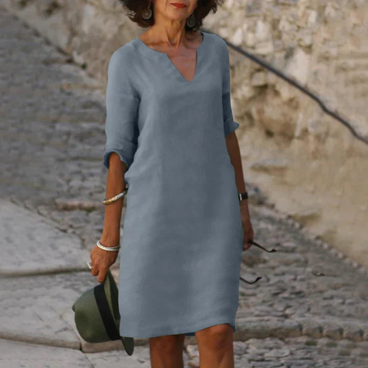 Leichtes Damen Sommerkleid mit V-Ausschnitt – Lockeres Midikleid mit 3/4 Ärmeln für Urlaub, Alltag & Reisen 2