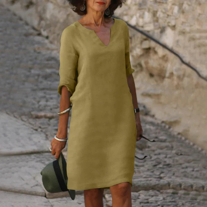 Leichtes Damen Sommerkleid mit V-Ausschnitt – Lockeres Midikleid mit 3/4 Ärmeln für Urlaub, Alltag & Reisen 4