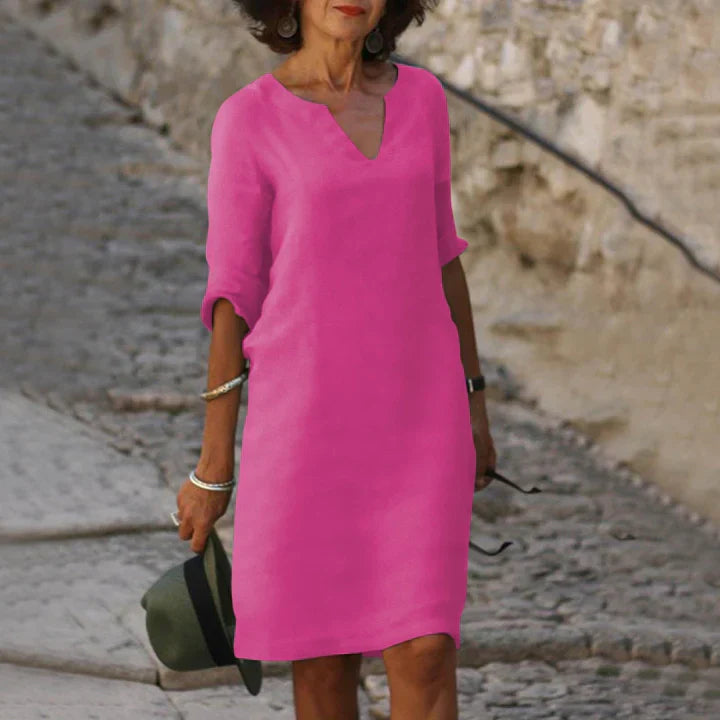 Leichtes Damen Sommerkleid mit V-Ausschnitt – Lockeres Midikleid mit 3/4 Ärmeln für Urlaub, Alltag & Reisen 7