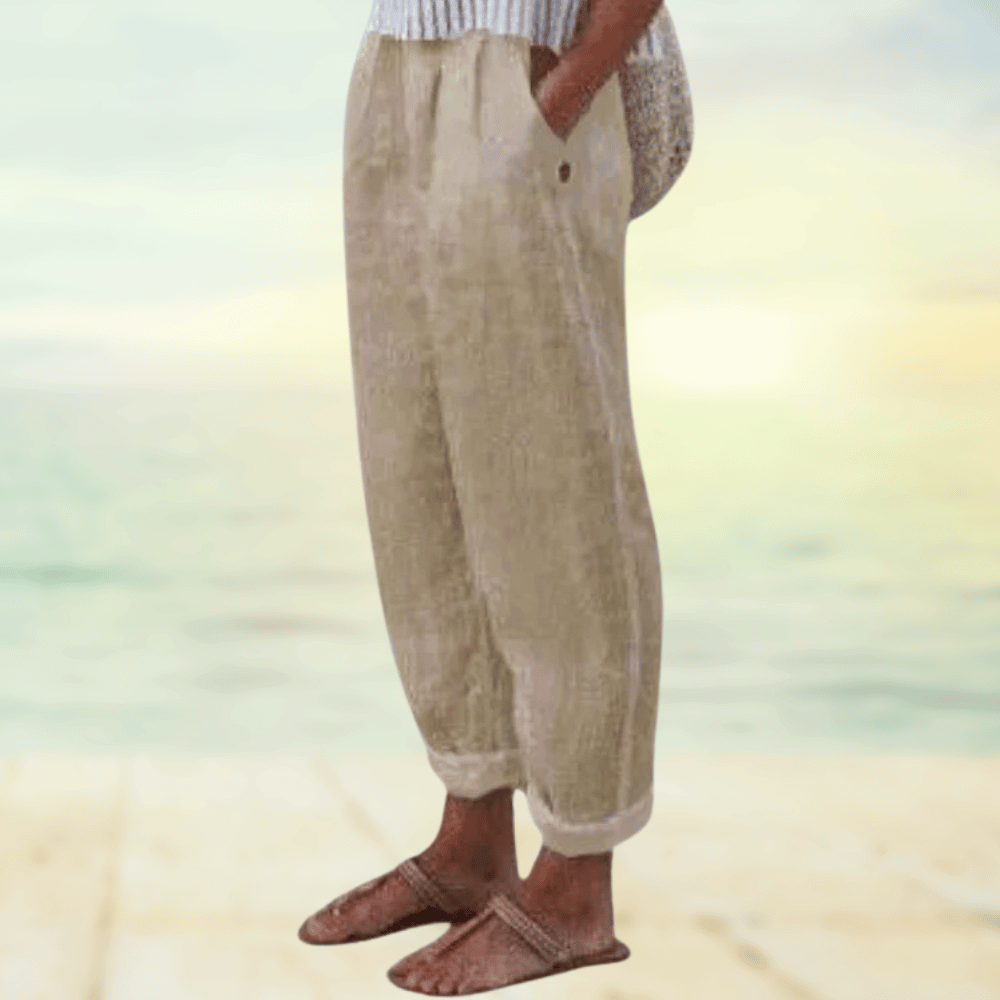 Locker geschnittene Leinenhose für Damen – Sommerhose mit Elastikbund & Taschen für Freizeit, Urlaub & Strand 0
