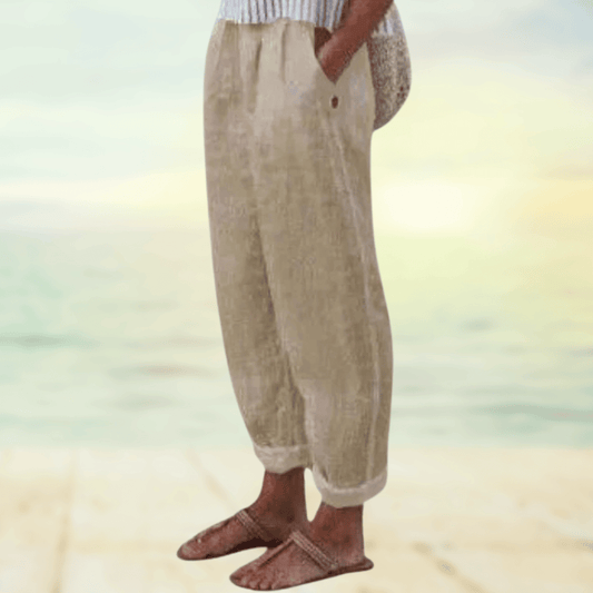 Locker geschnittene Leinenhose für Damen – Sommerhose mit Elastikbund & Taschen für Freizeit, Urlaub & Strand 0