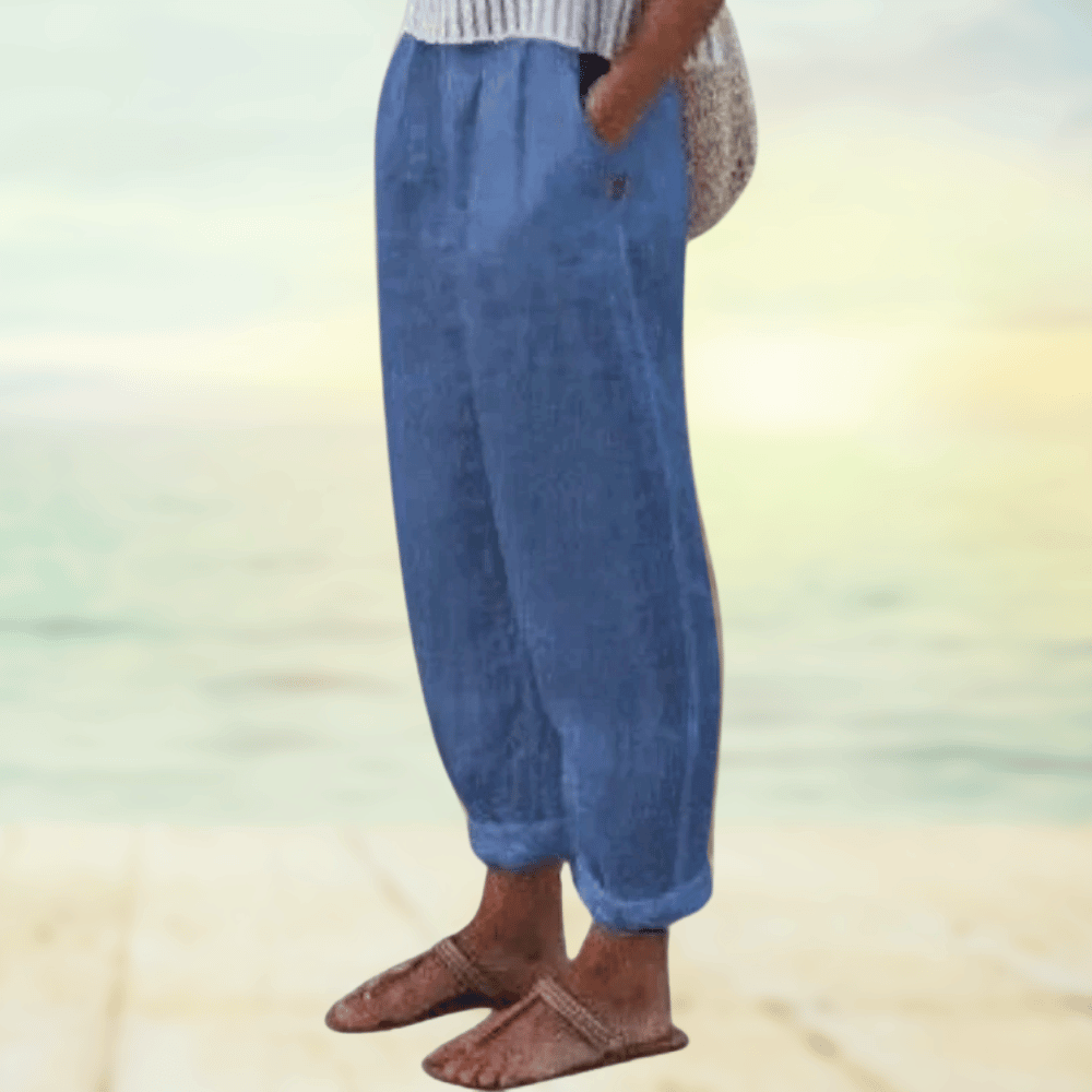 Locker geschnittene Leinenhose für Damen – Sommerhose mit Elastikbund & Taschen für Freizeit, Urlaub & Strand 1