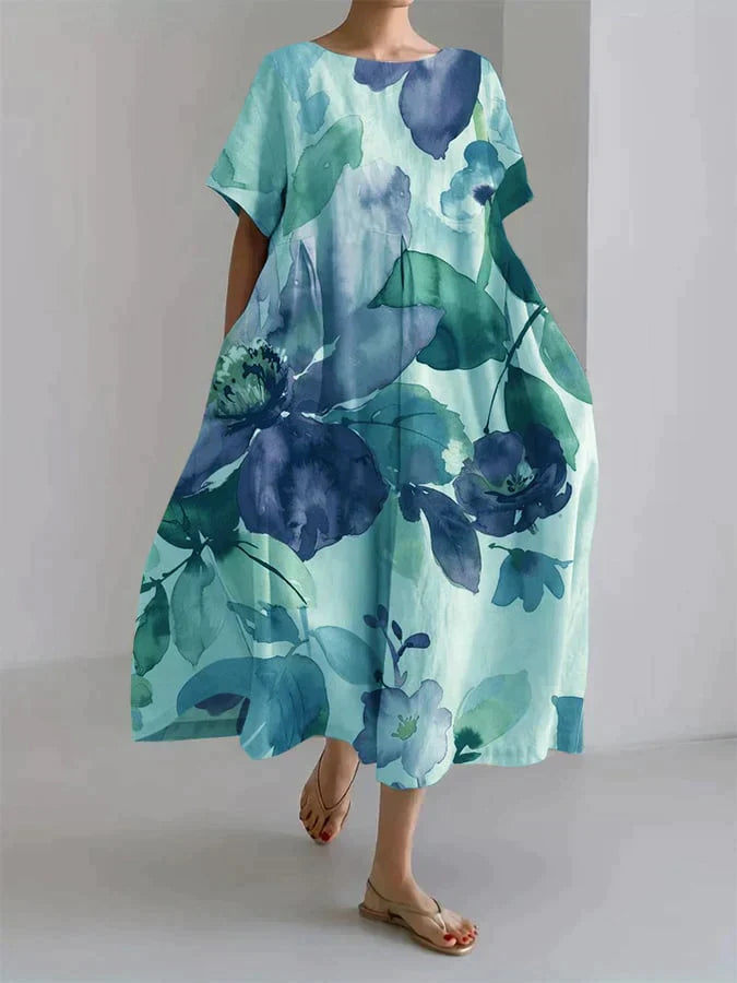 Locker geschnittenes Leinenkleid mit floralem Aquarell-Print 0