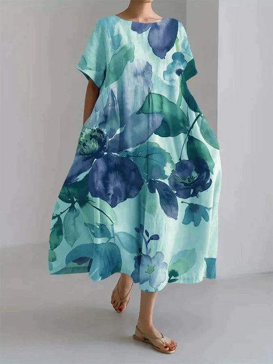 Locker geschnittenes Leinenkleid mit floralem Aquarell-Print 0
