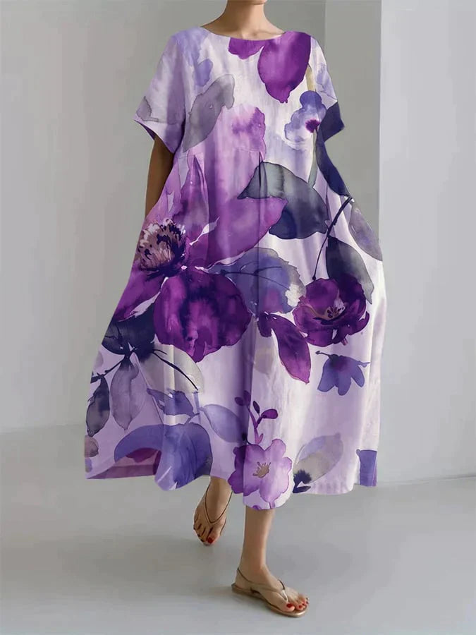 Locker geschnittenes Leinenkleid mit floralem Aquarell-Print 2