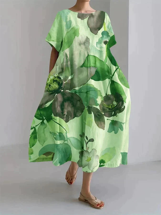 Locker geschnittenes Leinenkleid mit floralem Aquarell-Print 3
