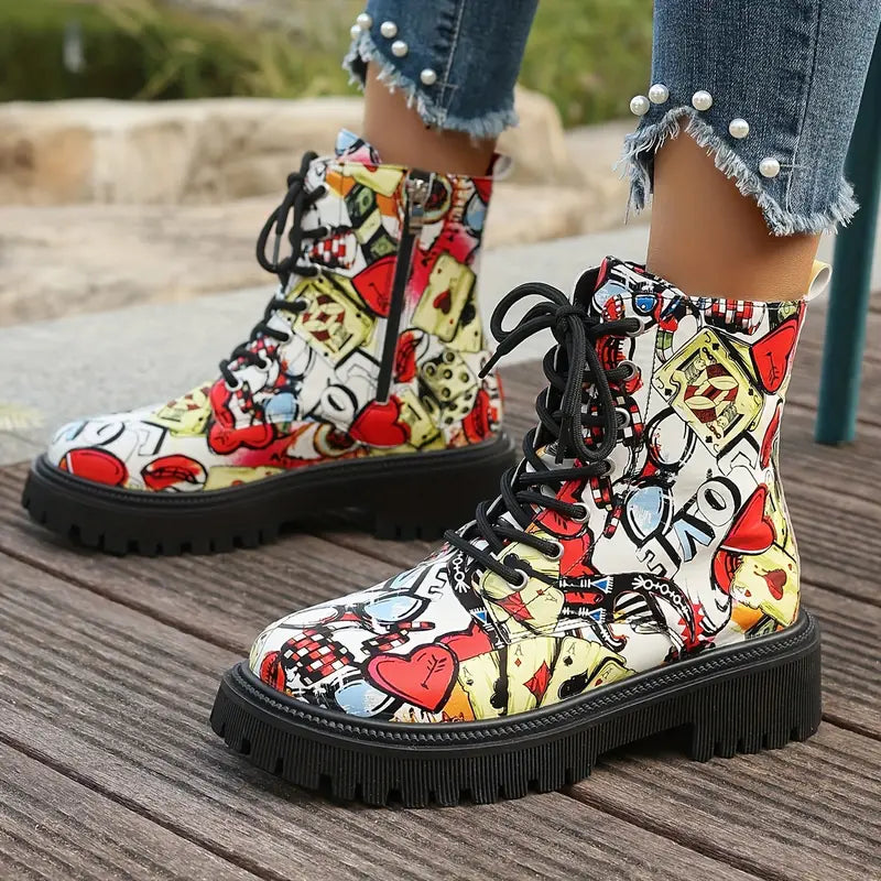 Lustige, festliche Stiefeletten mit Cartoon-Aufdruck und niedrigem Absatz sowie Reißverschluss 0