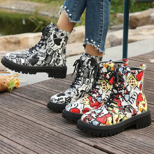 Lustige, festliche Stiefeletten mit Cartoon-Aufdruck und niedrigem Absatz sowie Reißverschluss 1
