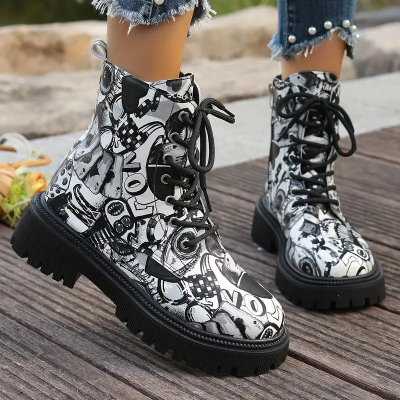 Lustige, festliche Stiefeletten mit Cartoon-Aufdruck und niedrigem Absatz sowie Reißverschluss 2