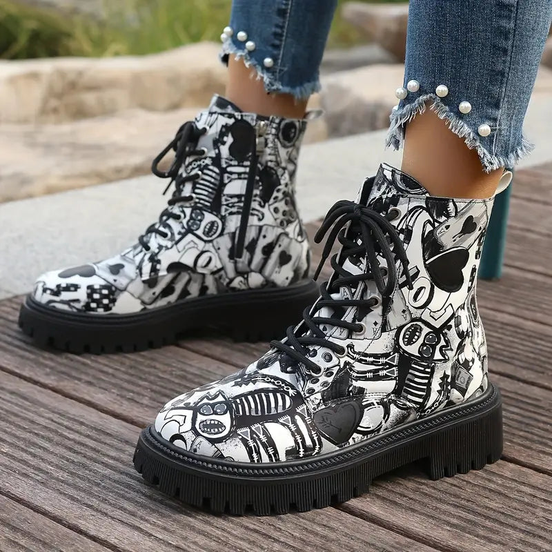 Lustige, festliche Stiefeletten mit Cartoon-Aufdruck und niedrigem Absatz sowie Reißverschluss 3