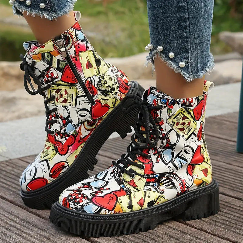 Lustige, festliche Stiefeletten mit Cartoon-Aufdruck und niedrigem Absatz sowie Reißverschluss 4