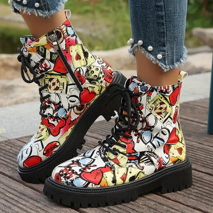 Lustige, festliche Stiefeletten mit Cartoon-Aufdruck und niedrigem Absatz sowie Reißverschluss 4