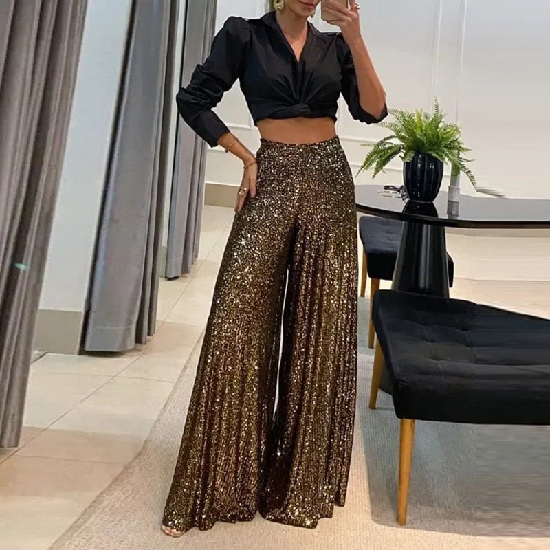 Margot - Elegant Glänzend Pailletten Lang Hose 1