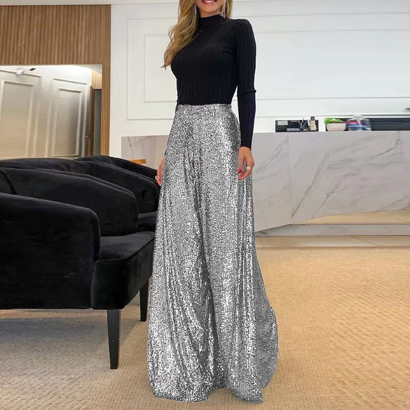 Margot - Elegant Glänzend Pailletten Lang Hose 3