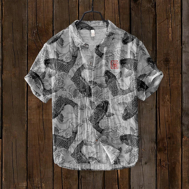 Sommer Hemd mit Koi-Fisch Motiv – Japanisches Design Herren Shirt mit Kurzarm – Leichtes Freizeitshirt im asiatischen Stil 2