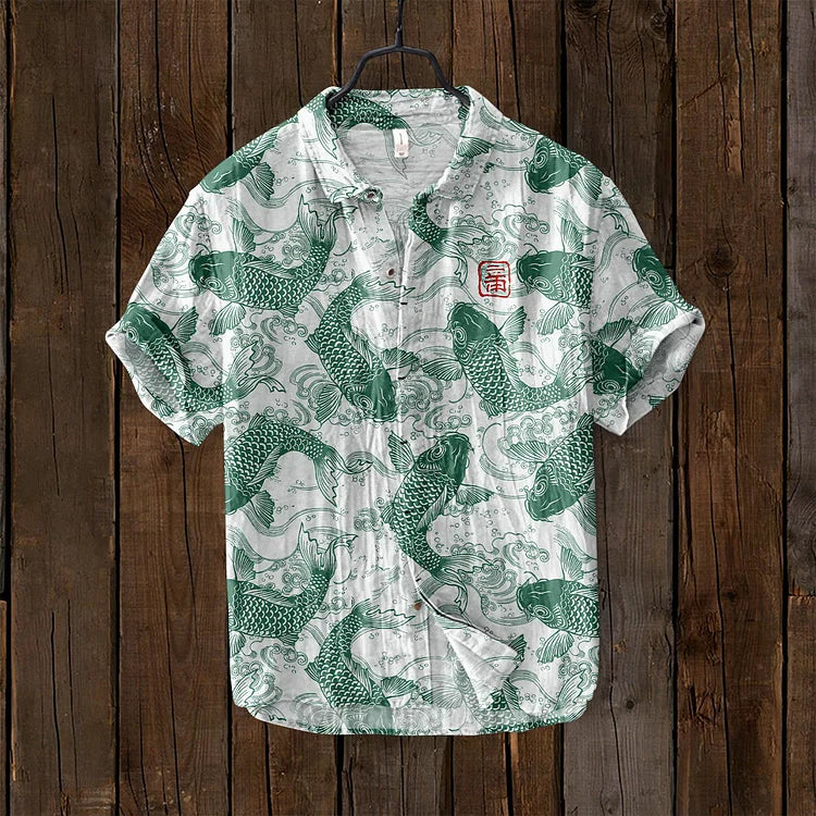 Sommer Hemd mit Koi-Fisch Motiv – Japanisches Design Herren Shirt mit Kurzarm – Leichtes Freizeitshirt im asiatischen Stil 3