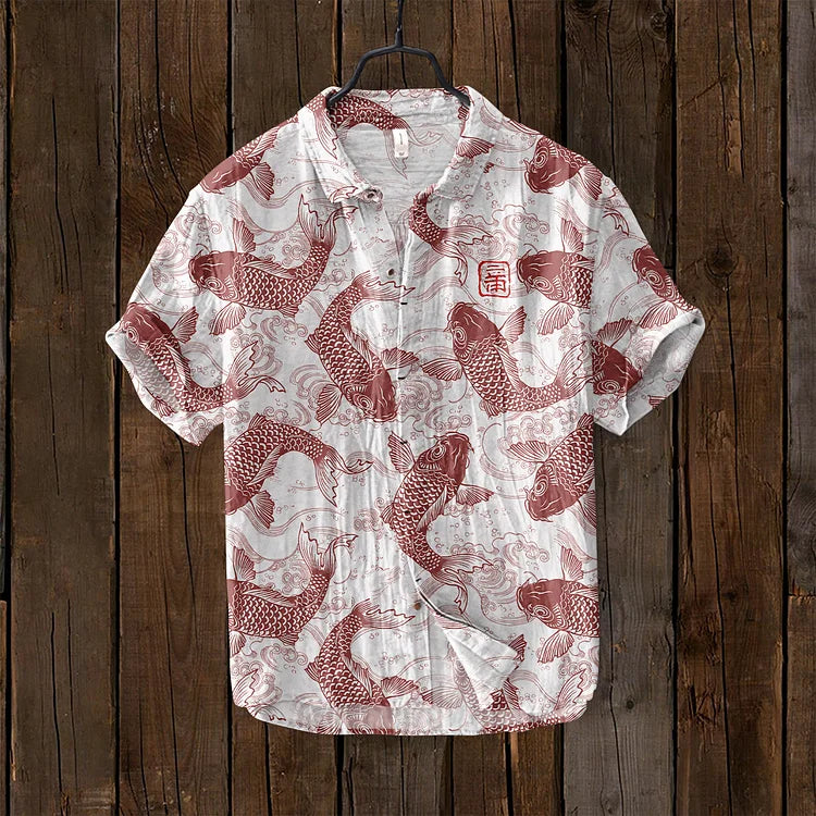 Sommer Hemd mit Koi-Fisch Motiv – Japanisches Design Herren Shirt mit Kurzarm – Leichtes Freizeitshirt im asiatischen Stil 4