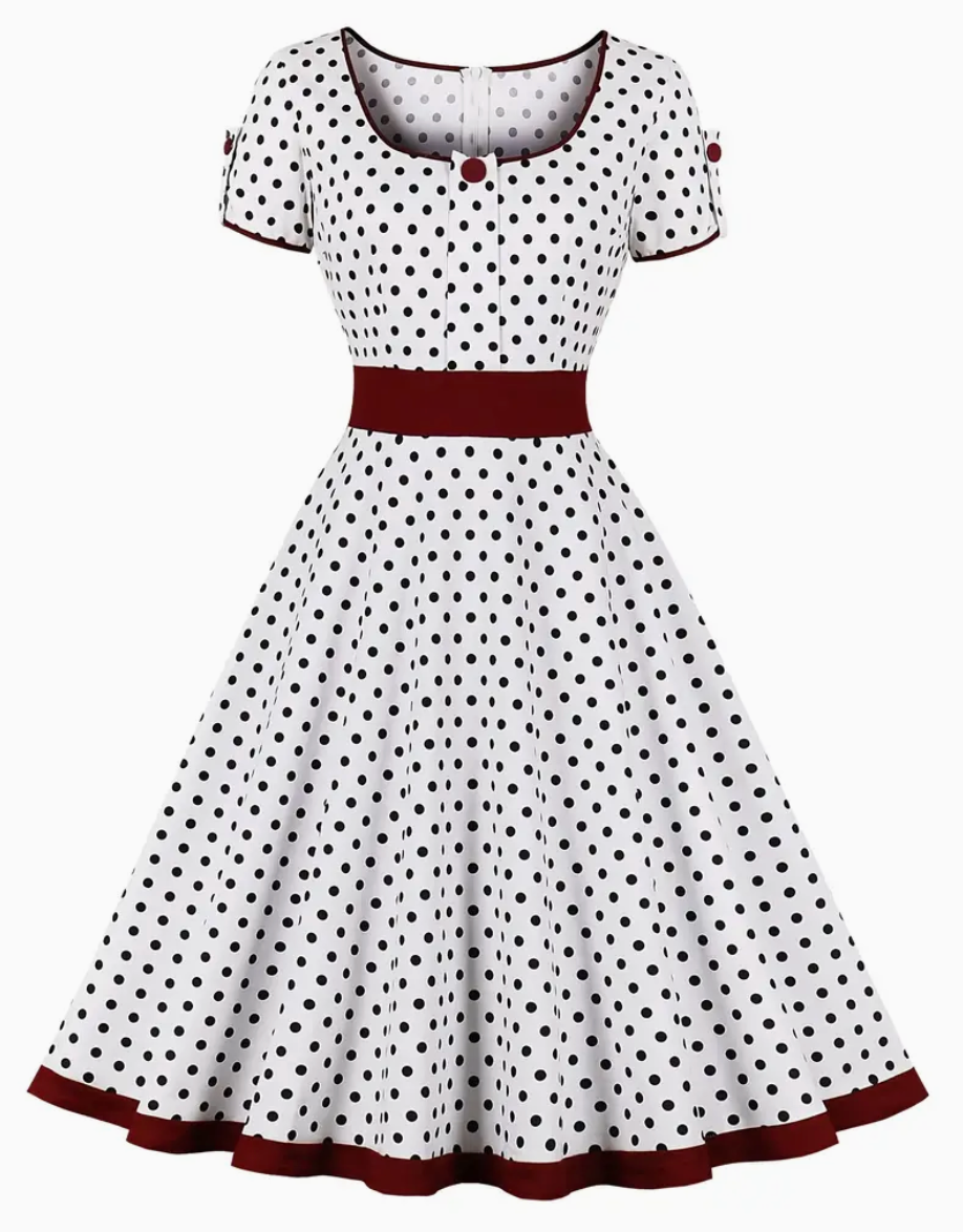 Vintage Rockabilly Kleid mit Polka Dots – 50er Jahre Retro-Kleid mit weitem Swing-Rock & Taillenband – Kurzarm A-Linienkleid für Party & Alltag 2