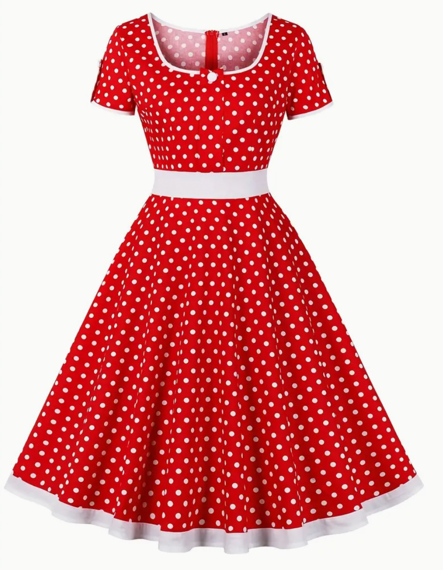 Vintage Rockabilly Kleid mit Polka Dots – 50er Jahre Retro-Kleid mit weitem Swing-Rock & Taillenband – Kurzarm A-Linienkleid für Party & Alltag 3