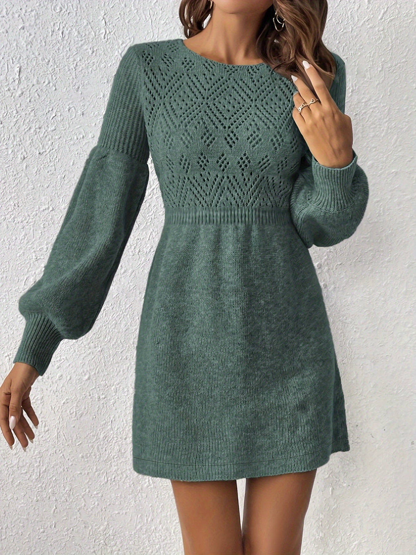 Warm Lochstickerei Solide Farbe Strick Laternen Ärmel A-Linie Geraffte Taille Formelles Kleid Für Frauen | Ideal für formelle Anlässe 1