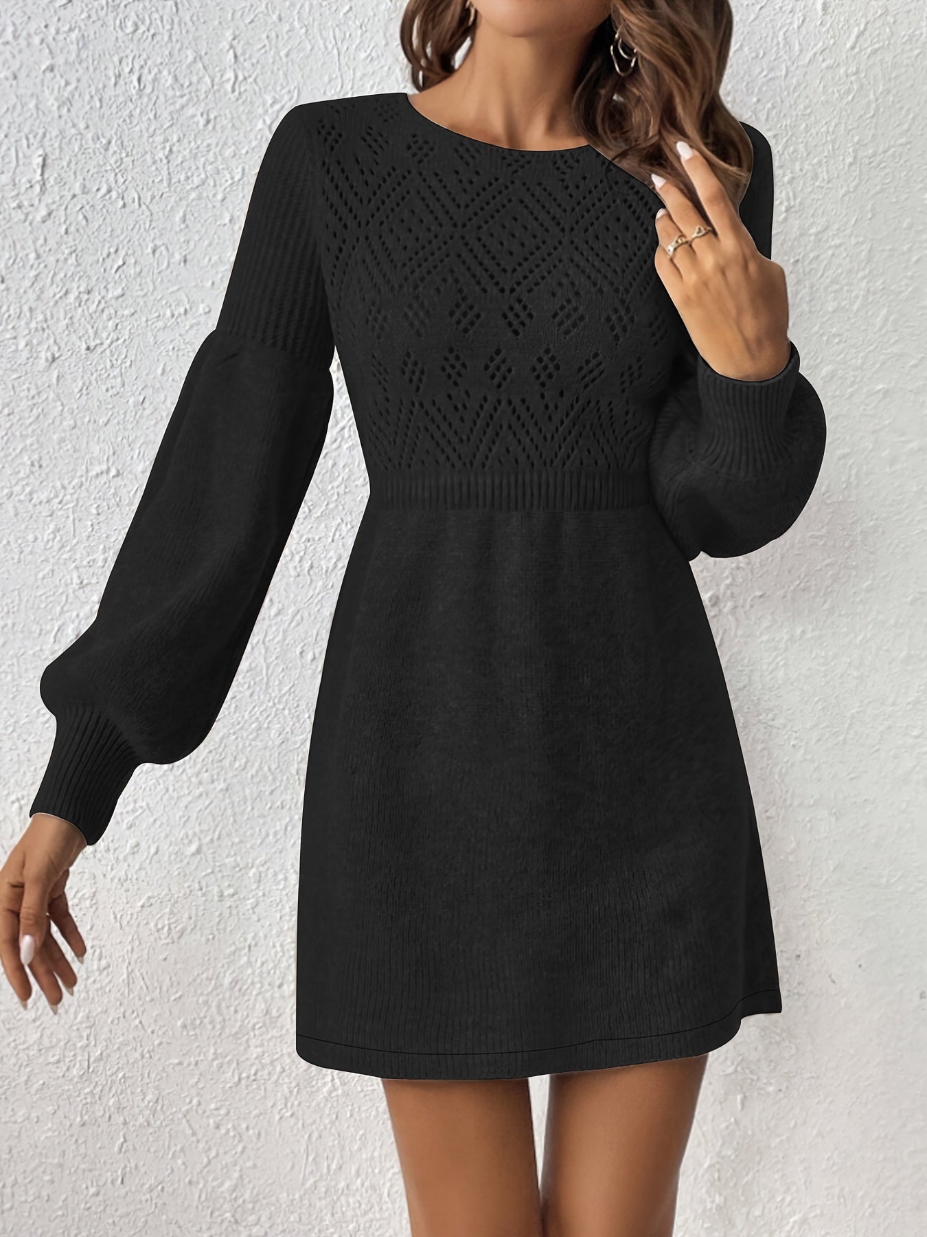 Warm Lochstickerei Solide Farbe Strick Laternen Ärmel A-Linie Geraffte Taille Formelles Kleid Für Frauen | Ideal für formelle Anlässe 3