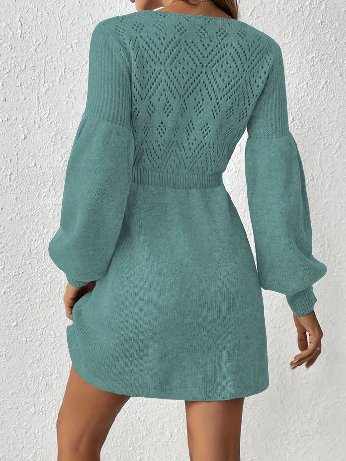 Warm Lochstickerei Solide Farbe Strick Laternen Ärmel A-Linie Geraffte Taille Formelles Kleid Für Frauen | Ideal für formelle Anlässe 7