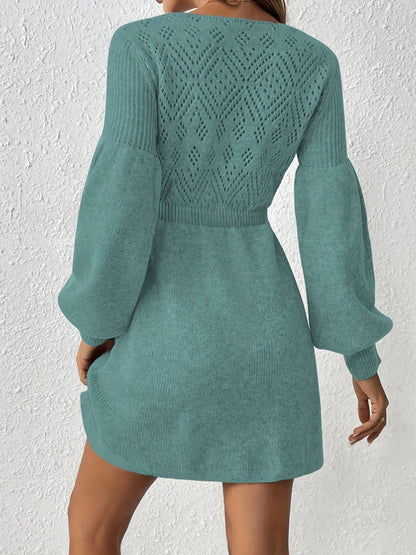 Warm Lochstickerei Solide Farbe Strick Laternen Ärmel A-Linie Geraffte Taille Formelles Kleid Für Frauen | Ideal für formelle Anlässe 7