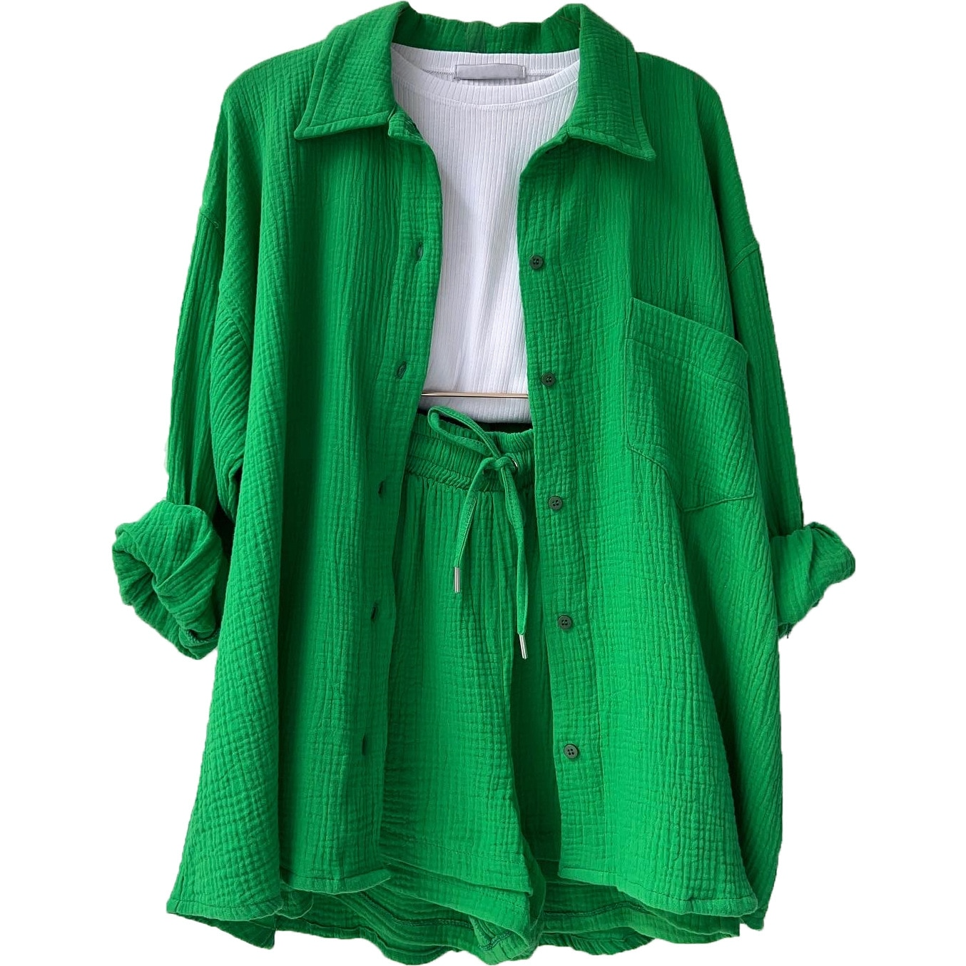 Zweiteiliges Damen Lounge-Set aus Musselin – Oversize-Hemd & Shorts mit Kordelzug 0