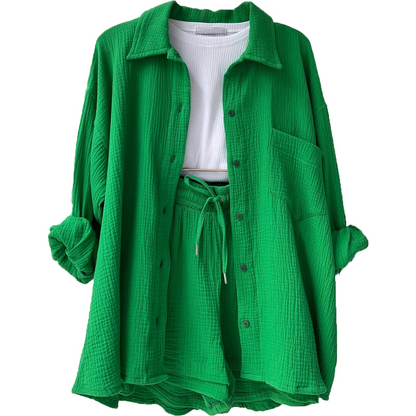 Zweiteiliges Damen Lounge-Set aus Musselin – Oversize-Hemd & Shorts mit Kordelzug 0