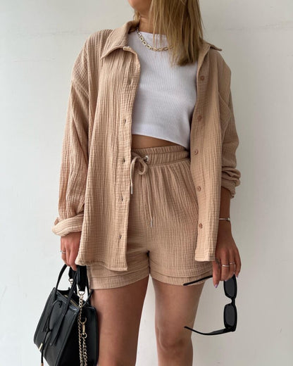 Zweiteiliges Damen Lounge-Set aus Musselin – Oversize-Hemd & Shorts mit Kordelzug 1