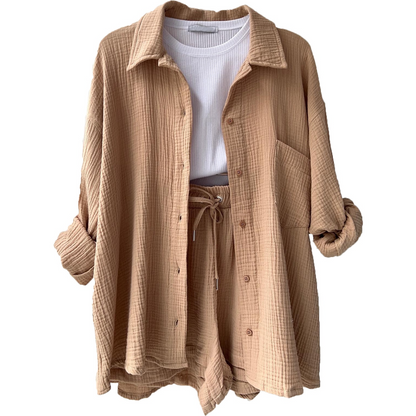Zweiteiliges Damen Lounge-Set aus Musselin – Oversize-Hemd & Shorts mit Kordelzug 2