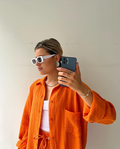 Zweiteiliges Damen Lounge-Set aus Musselin – Oversize-Hemd & Shorts mit Kordelzug 3
