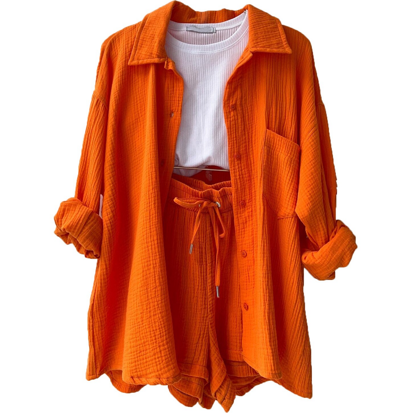 Zweiteiliges Damen Lounge-Set aus Musselin – Oversize-Hemd & Shorts mit Kordelzug 4
