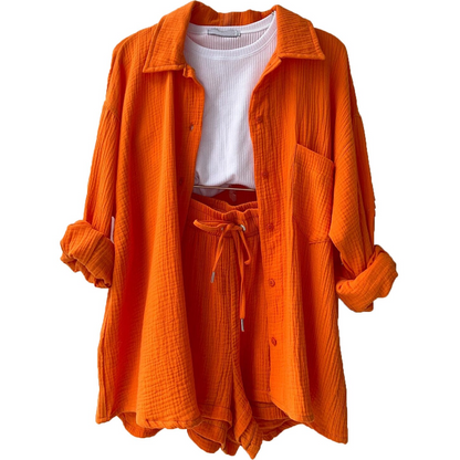 Zweiteiliges Damen Lounge-Set aus Musselin – Oversize-Hemd & Shorts mit Kordelzug 4