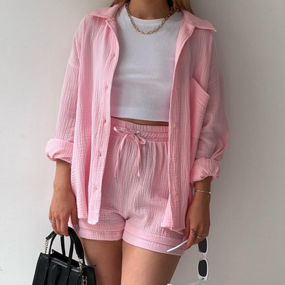 Zweiteiliges Damen Lounge-Set aus Musselin – Oversize-Hemd & Shorts mit Kordelzug 5