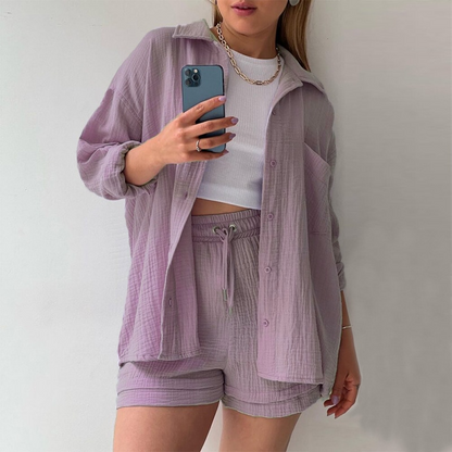 Zweiteiliges Damen Lounge-Set aus Musselin – Oversize-Hemd & Shorts mit Kordelzug 6