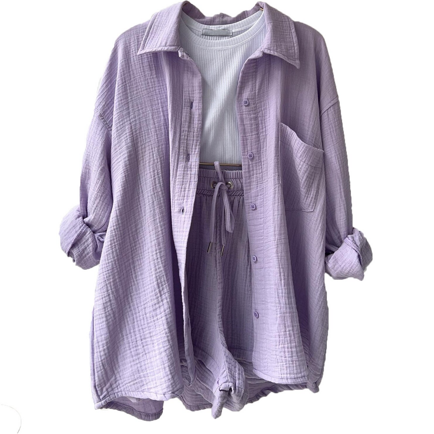Zweiteiliges Damen Lounge-Set aus Musselin – Oversize-Hemd & Shorts mit Kordelzug 7