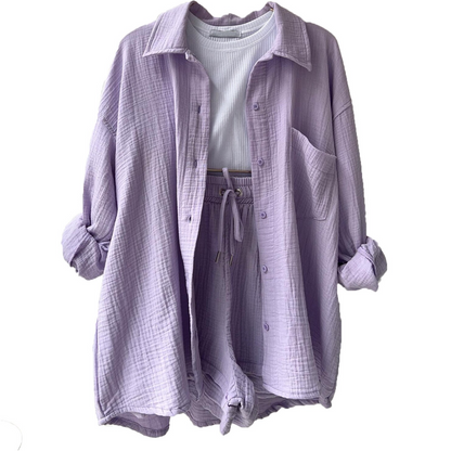 Zweiteiliges Damen Lounge-Set aus Musselin – Oversize-Hemd & Shorts mit Kordelzug 7