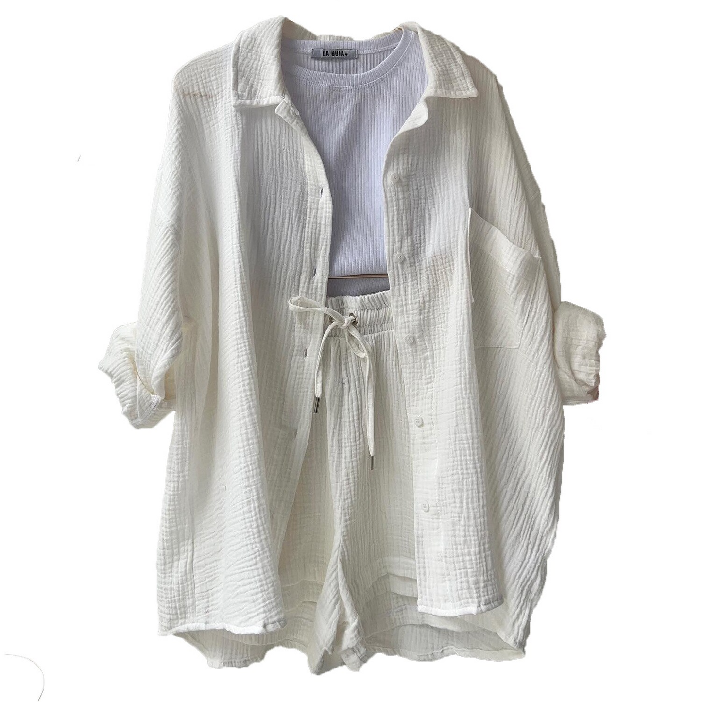 Zweiteiliges Damen Lounge-Set aus Musselin – Oversize-Hemd & Shorts mit Kordelzug 8