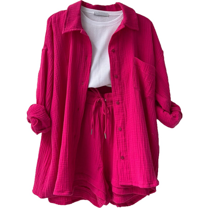 Zweiteiliges Damen Lounge-Set aus Musselin – Oversize-Hemd & Shorts mit Kordelzug 9