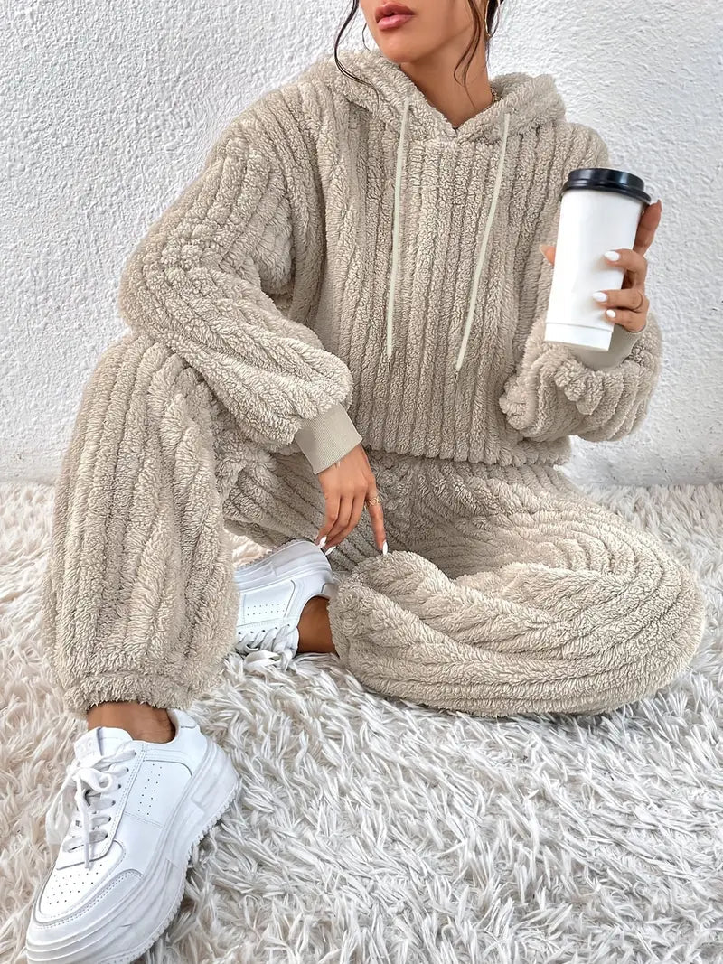 Zweiteiliges Set aus strukturiertem Teddy, Langarm-Tropfenschulter-Kapuzenpullover mit Kordelzug 0