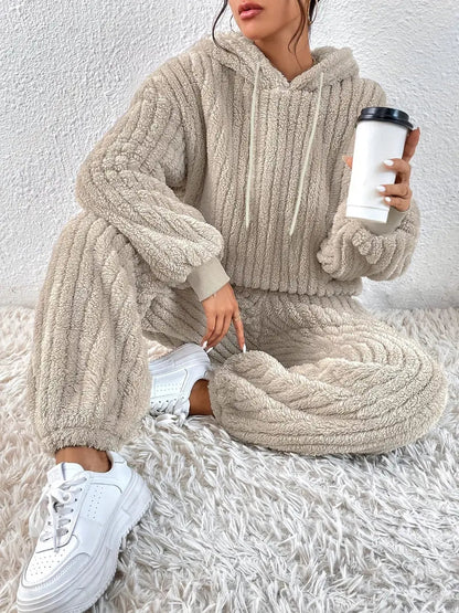 Zweiteiliges Set aus strukturiertem Teddy, Langarm-Tropfenschulter-Kapuzenpullover mit Kordelzug 0