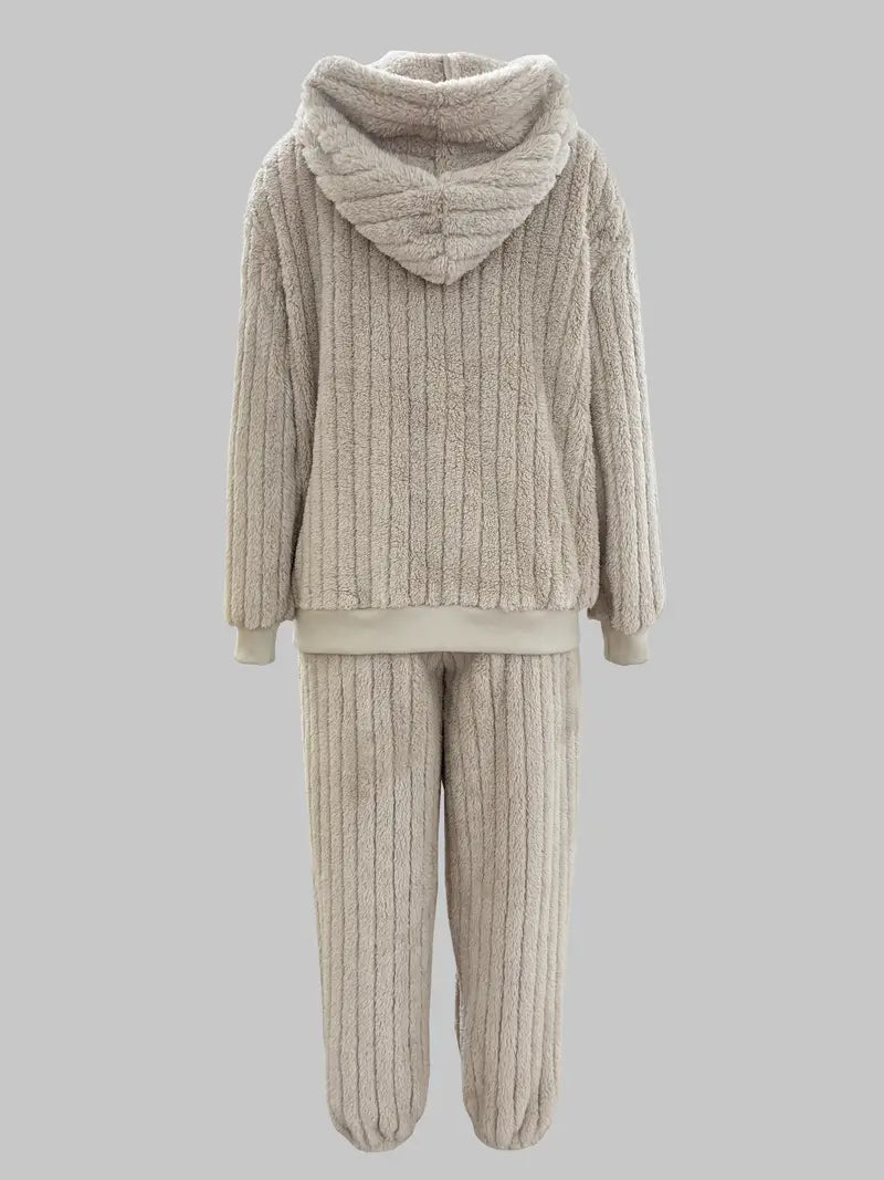 Zweiteiliges Set aus strukturiertem Teddy, Langarm-Tropfenschulter-Kapuzenpullover mit Kordelzug 1