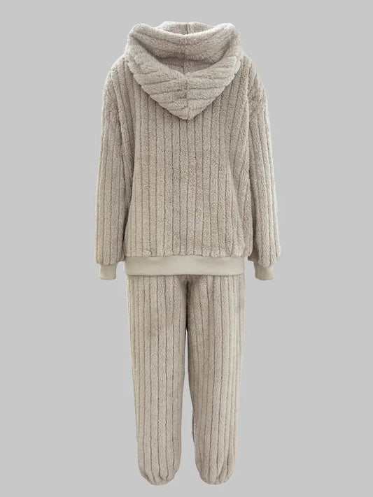 Zweiteiliges Set aus strukturiertem Teddy, Langarm-Tropfenschulter-Kapuzenpullover mit Kordelzug 1